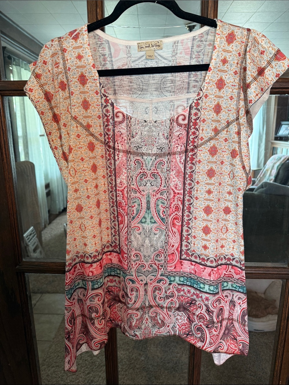 Live and Let Live Womens Large Paisley Mixed Print Rhinestone Sharkbite Top Boho